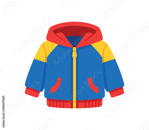 childrens jacket with zipper and simple hood outerwear for kids clean shapes. colored flat icon vector illustration