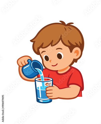 child pouring water carefully from small jug into glass Montessori practical life activity clean shapes. colored flat icon vector illustration