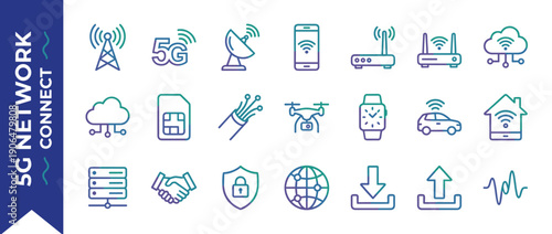 Comprehensive 5G Network Connectivity Icon Set featuring high-speed internet, wireless communication, cloud computing, smart home, global data transfer, and digital security in a gradient style.