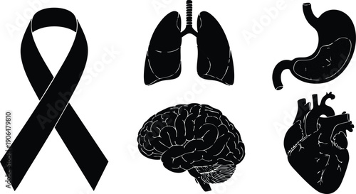 Black ribbon symbol with detailed human lungs brain stomach and heart icons flat vector illustration on white background health awareness medical concept design