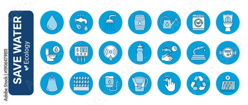 Save Water Ecology Icon Set: 21 Blue Line Icons for Water Conservation, Sustainability, and Environmental Protection featuring Taps, Showers, Recycling, Irrigation, and Resource Management.