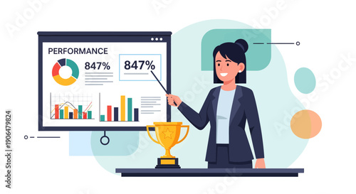 Businesswoman Presenting Performance Data with Trophy Indicating Success and Achievement.