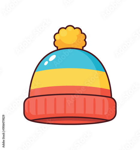 kids winter hat with pompom and simple warm child headwear clean shapes. colored flat icon vector illustration