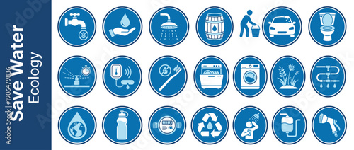 Save Water Ecology Icon Set featuring various symbols for water conservation, sustainable living, and environmental protection in a blue and white flat vector style for resource management.