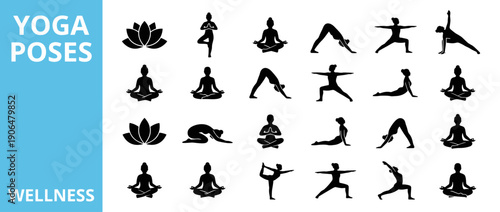 Collection of black yoga pose silhouettes and lotus flower icons for wellness and health. Features various asanas like tree pose, downward dog, warrior, cobra, and meditation positions on white.