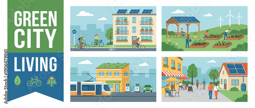 Green City Living Illustration Set with Sustainable Urban Lifestyle, Solar Panels, Wind Turbines, Electric Vehicles, Cycling, Community Gardening, and Eco-Friendly Architecture and Planning.