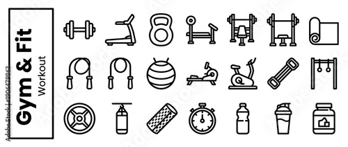 Comprehensive set of minimalist gym and fitness workout line icons featuring exercise equipment like dumbbells, treadmill, kettlebell, weight bench, yoga mat, jump rope, and stationary bike.