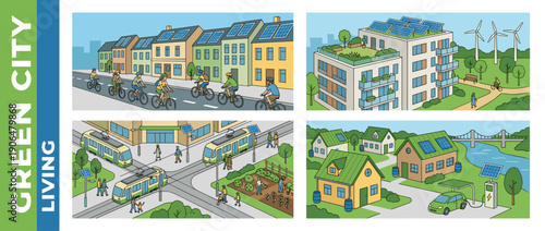 Sustainable Green City Living Illustration Set with Eco-Friendly Urban Infrastructure, Solar Panels, Wind Turbines, Electric Car Charging, Public Tram Transport, Cycling, and Rooftop Gardens