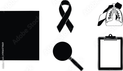 Black awareness ribbon with magnifying glass and clipboard icons surrounding lungs illustration symbolizing lung health and cancer research in a minimalist black and white vector style