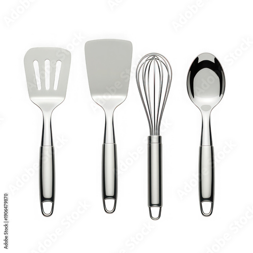 Four stainless steel kitchen utensils on white background