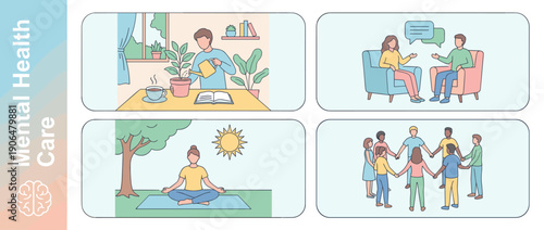 Mental Health Care Illustration Set with Four Panels Showing Self-Care Activities Like Gardening, Therapy, Outdoor Meditation, and Support Groups for Wellness, Mindfulness, and Psychology.