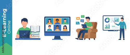 Online Education and E-Learning Vector Illustration Set with Student at Desk, Video Conference Call, Person Learning on Tablet, and Instructor Presenting Charts on a Digital Whiteboard Screen.