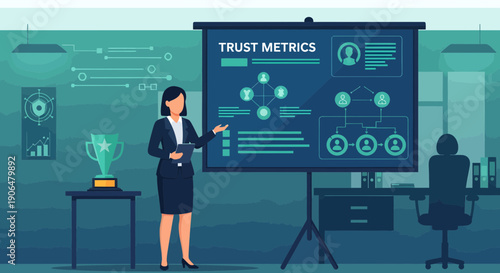 Businesswoman Presenting Trust Metrics on Screen in Office.