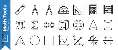 Comprehensive Set of Math and Geometry Icons Featuring Ruler, Compass, Protractor, Calculator, Abacus, Pi, Sigma, Infinity, 3D Shapes, Cube, Sphere, Cone, Cylinder, Pyramid, Graphs, and Symbols.