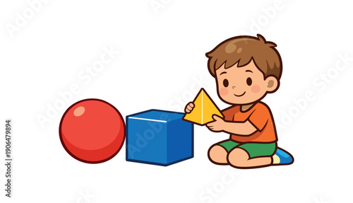 geometric solids set sphere cube pyramid with child exploring shapes sensorial work clean shapes. colored flat icon vector illustration