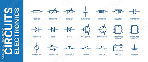 Hand-drawn electronic circuit symbols and components set including resistor, capacitor, inductor, diode, transistor, integrated circuit, switch, battery, and ground icons for engineering design.