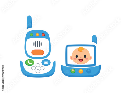 baby monitor with parent unit and small baby face on screen child safety device clean shapes. colored flat icon vector illustration