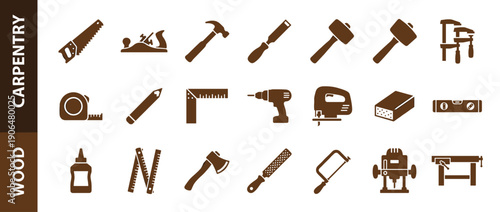 Set of professional carpentry and woodworking tool icons including hand saw, plane, hammer, chisel, mallet, clamps, tape measure, drill, jigsaw, level, glue, axe, rasp, hacksaw, and workbench.