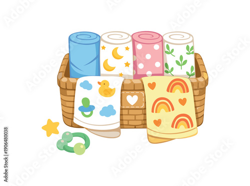 stack of soft muslin cloths rolled basket multifunction baby textiles clean shapes. colored flat icon vector illustration