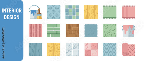 Flat Illustration Set of Interior Design Material Samples and Tools for Home Renovation and Decoration featuring Paint Cans, Brushes, Wallpaper Patterns, Ceramic Tiles, Wood Flooring, and Fabric