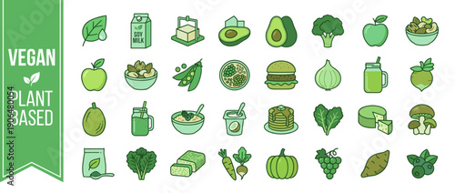 Large Collection of Green Vegan and Plant Based Food Icons Featuring Soy Milk, Tofu, Avocado, Broccoli, Nuts, Legumes, Vegetables, Fruits, and Healthy Meat Alternatives for a Sustainable Diet