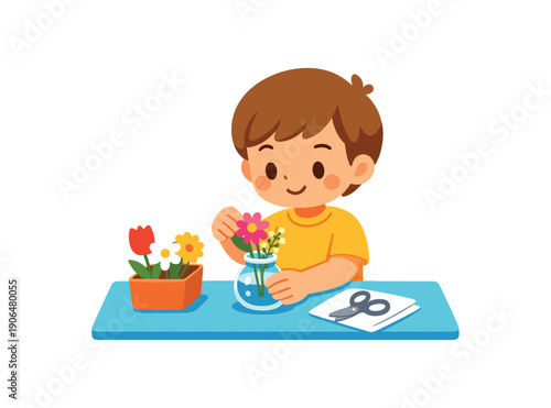 child arranging flower small vase table decoration practical life art clean shapes. colored flat icon vector illustration