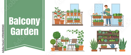 Balcony Garden Illustration Set Featuring Urban Gardening Ideas with Potted Plants, Herbs, Vegetables, and Flowers, Man Watering Plants on a Terrace, Vertical Garden, and Outdoor Greenery.