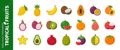 Collection of Tropical Fruit Vector Icons in Flat Design Style Featuring Mango, Pineapple, Banana, Coconut, Papaya, Passion Fruit, Dragon Fruit, Kiwi, Watermelon, Avocado, and Mangosteen.