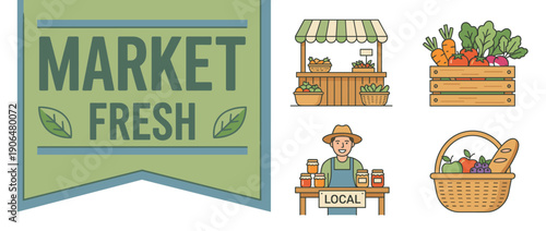 Farmers Market Fresh Illustration Set with Local Vendor, Organic Produce Crate, Vegetable Stall, and Wicker Basket with Fruit and Bread. Ideal for Healthy Eating and Sustainable Agriculture.