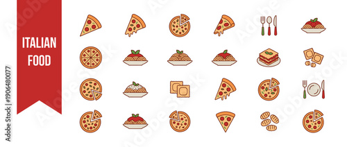 Italian Food Icon Collection Featuring Pizza Slices, Whole Pizzas, Spaghetti, Lasagna, Ravioli, and Gnocchi. Colorful Flat Line Art Vector Illustrations for Restaurant Menus and Food Delivery.