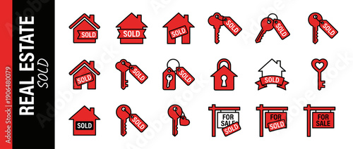 Real Estate Sold Icon Set with Red House Silhouettes, Keys with Sold Tags, and For Sale Signs. Vector Graphics for Property Market, Home Ownership, Mortgage Business, and Housing Sales Marketing.