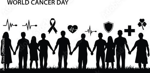 Silhouettes of diverse people holding hands with cancer awareness icons including heart pulse ribbon shield and medical cross in simple black and white vector art for world cancer day illustration