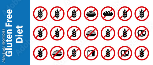 Gluten Free Diet Infographic Banner with Prohibited Icons for Wheat, Bread, Pasta, and Pretzels. Collection of Forbidden Food Symbols for Celiac Disease, Gluten Intolerance, and Healthy Nutrition.