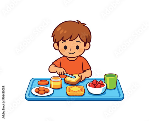 child preparing simple snack on tray cutting spreading serving independence skill clean shapes. colored flat icon vector illustration