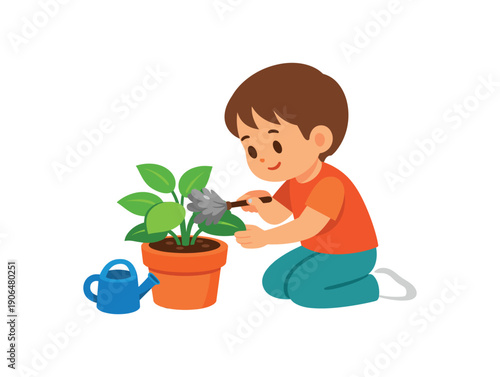 child using tiny feather duster on plant leaves care of classroom plants Montessori activity clean shapes. colored flat icon vector illustration