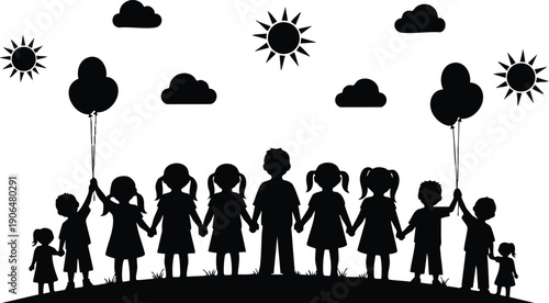 Black silhouette of children holding hands with balloons standing on hill under bright sunny sky with clouds vector art illustration