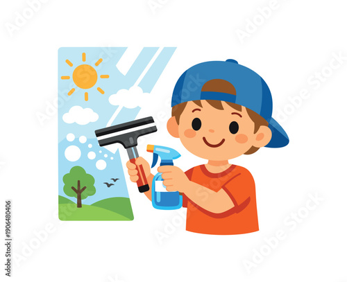 child cleaning window with small spray bottle and squeegee practical life care of environment clean shapes. colored flat icon vector illustration