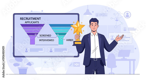 Recruitment funnel presentation with man holding award showcasing applicant selection process.