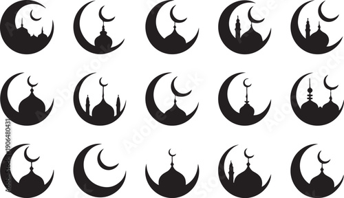 Islamic Crescent Moon and Mosque Silhouettes illustration vector