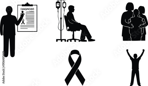 Vector art showing human silhouette pointing at diagnosis report sitting patient receiving intravenous therapy embracing family members and cancer awareness ribbon symbol representing care and hope