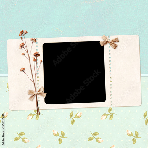 Nostalgic scrapbooking banner with moodboard pictures for scrapbooking. Retro background with paper texture, dry pressed leaves, flowers, linen bow and frame photo. Vintage style mood board layout