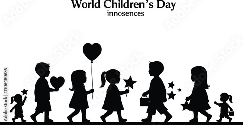 Black silhouette of smiling children walking with heart balloon star wand and gift boxes celebrating world children day innocence and joy in simple minimalist style