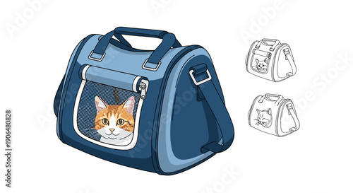 Cute ginger and white cat looks out through the mesh window of a blue pet carrier bag with additional line art sketches of the same bag design.