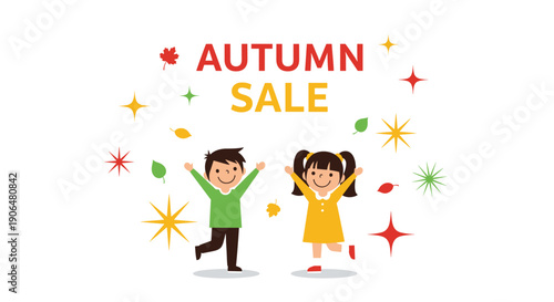 Happy boy and girl jump for joy under colorful leaves and stars next to text that says autumn sale for a seasonal shopping promotion banner.