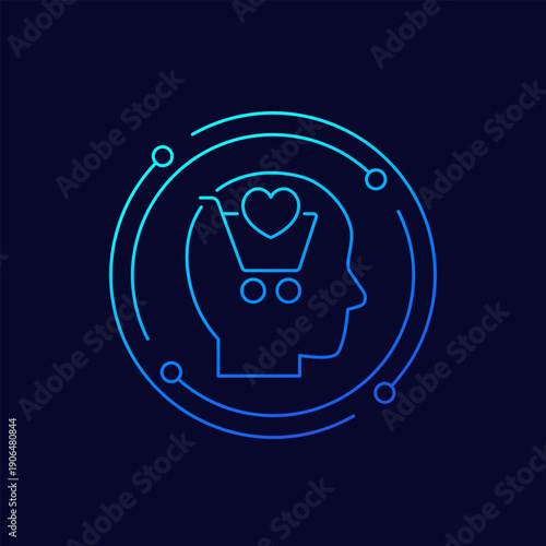 customer loyalty icon with shopping cart and head, linear design
