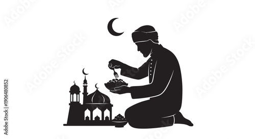 Muslim man praying during Ramadan with mosque and crescent moon