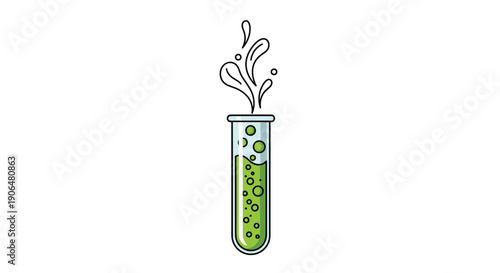 Glass test tube filled with bubbling green liquid splashes out from the top representing a scientific experiment or a chemical reaction in a lab.