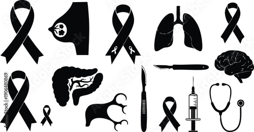 Black solid ribbon breast lungs brain pancreas anatomy surgery scalpel syringe stethoscope cancer awareness medical vector icons set
