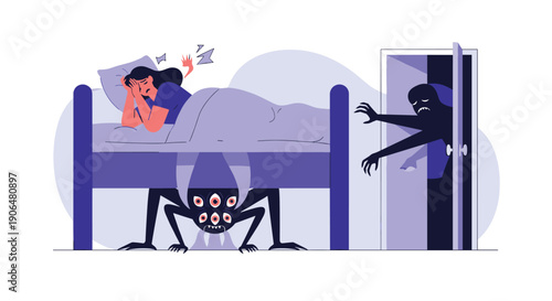 Scared woman lies in her bed under a blanket while a multi-eyed monster hides underneath and a shadowy figure reaches in through the open doorway.
