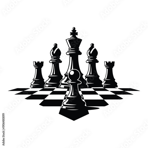 Black Chess Pieces Arranged Strategically On Checkerboard Pattern Design